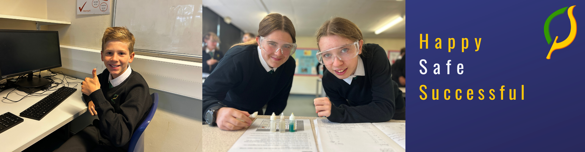 Happy students at a computer and Science